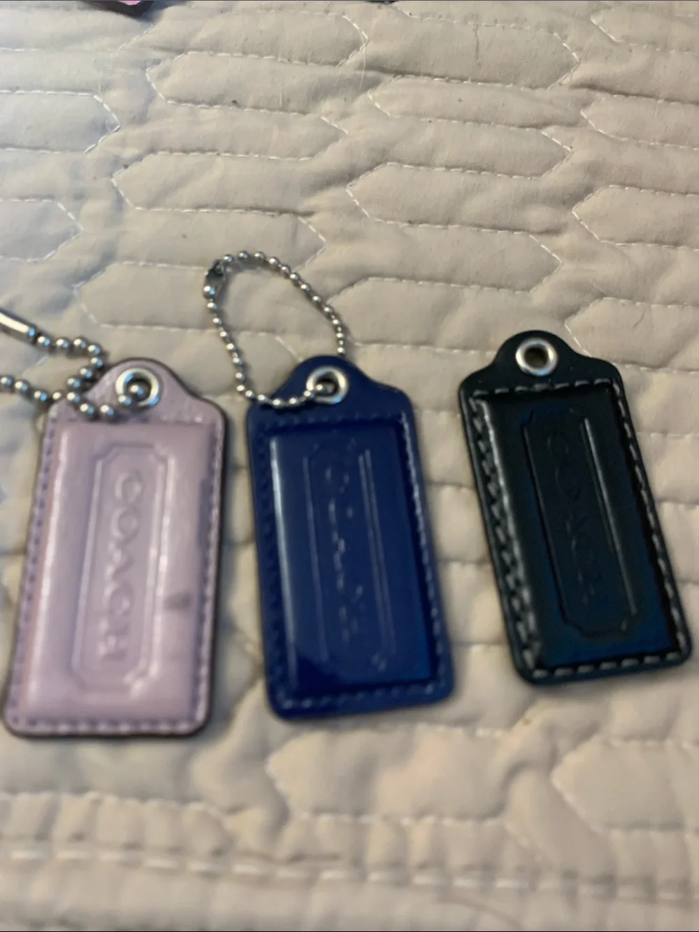 Bundle 3 Coach Leather Tag Keychains - Lavender, Navy, Black